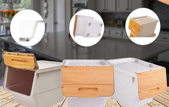 Motek Patateslik Soğanlık Sepeti Oyuncak Kutusu Tekerlekli Organızer Çok Amaçlı Kutu 1X12Lt-Bambu+Krem ürün görseli 1