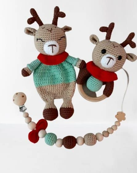 Yeni Yıl Geyik Uyku Arkadaşı Takımı Amigurumi Organik Oyuncak ürün görseli 1