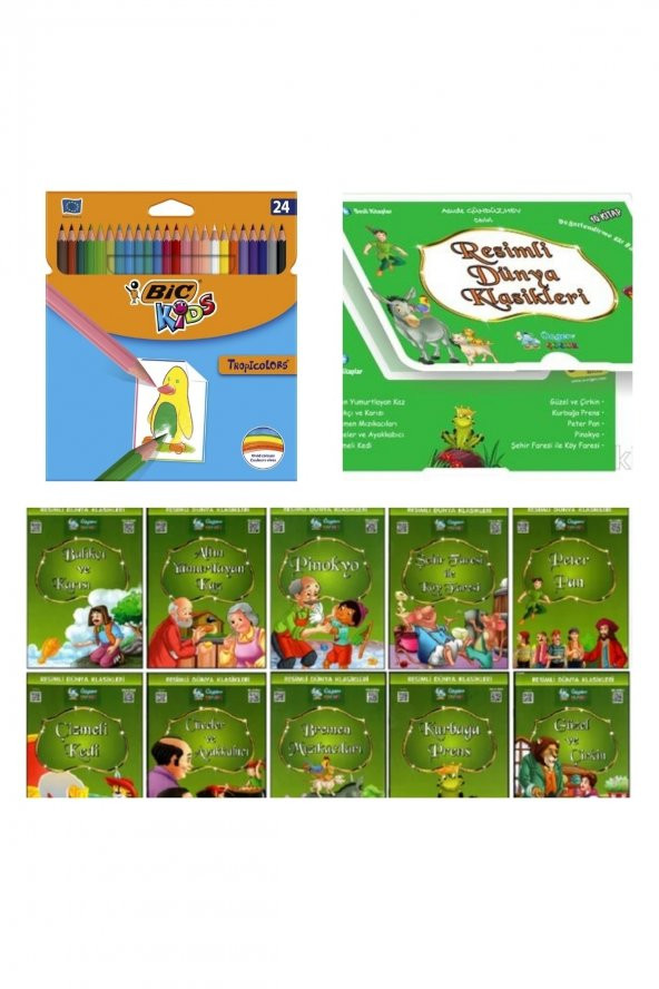 Resimli Dünya Klasikleri Yeşil 10lu Set + 24lü Boya Kalemi ürün görseli 1