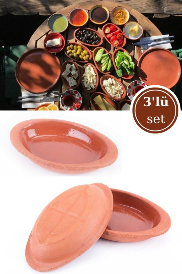 Elizi Çömlekleri 3’lü Mini Oval Sırlı Kase, Çok Amaçlı Toprak Surum Servis Kase 3 Adet SIRLI ürün görseli 1