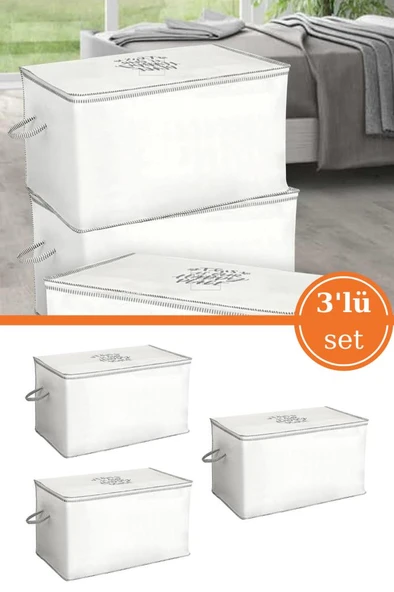 3 Adet Yorgan Yastık Saklama Hurcu, İpli Baskılı Çok Amaçlı Sandık Tipi Hurç 3’lü Set 75x45x45 Cm ürün görseli 1