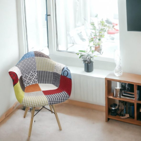 T.Concept Patchwork Kolçaklı Renkli Sandalye Ahşap Ayaklı - Resim 4