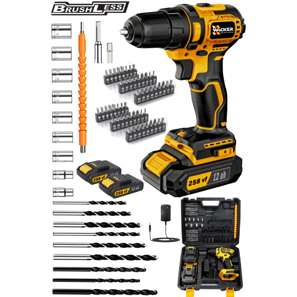 Wacker Pro Germany 028 Yellow Akıllı Sistem Kömürsüz Motor 258 Vf Çift Akülü Vidalama Matkap 86 Parça Full Set ürün görseli 1