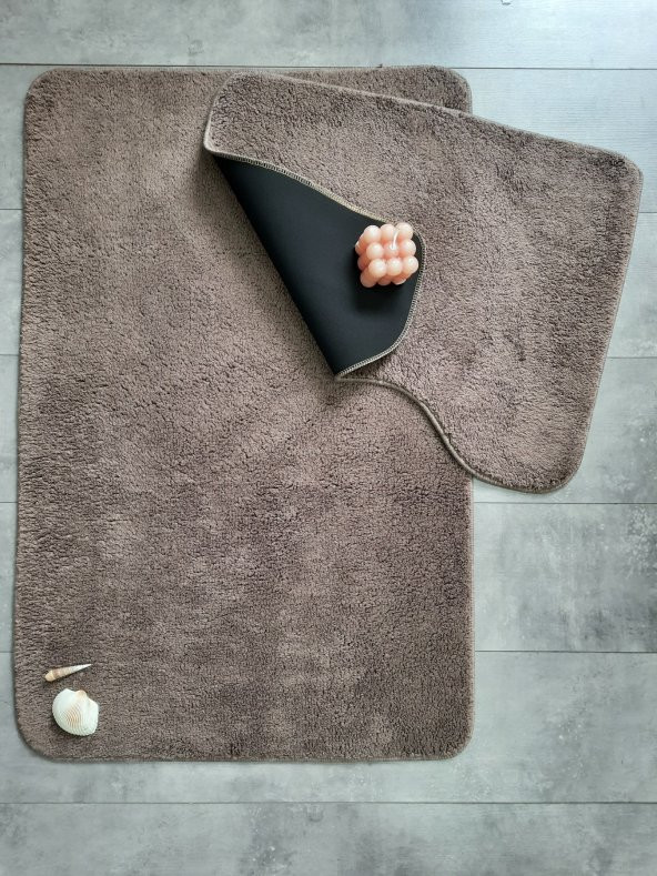Ultrasoft Düz Kapuçino 2li Banyo Halısı Paspası Seti Kaymaz Deri Tabanlı Yıkanabilir Klozet Takımı ürün görseli 1