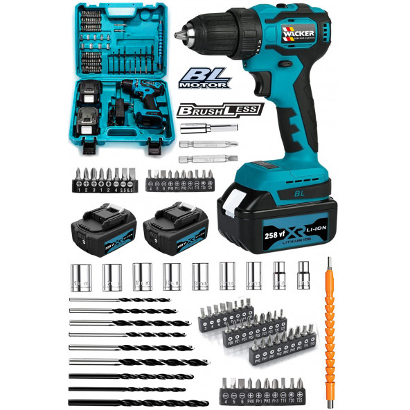 Wacker Pro Germany Blue 027 Yeni Sistem Kömürsüz Motor 258 Vf Çift Akülü Vidalama Şarjlı Matkap 86 Parça Set ürün görseli 1