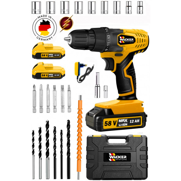 Wacker Pro Germany StarWalt Yellow Prof 58 V 12 Ah Darbeli Çelik Şanzuman Çift Akülü Şarjlı Matkap +Tamir Seti ürün görseli 1