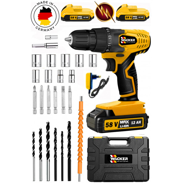 Wacker Pro Germany King Yellow 58 V 12 Ah Çelik Şanzuman Bakır Sargılı 2 Akülü Şarjlı Matkap +Tamir Seti ürün görseli 1