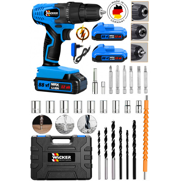 Wacker Pro Germany SMart Blue 58 V 12 Ah Çelik Şanzuman Bakır Sargılı Çift Akülü Şarjlı Matkap 27 Pcs Set ürün görseli 1