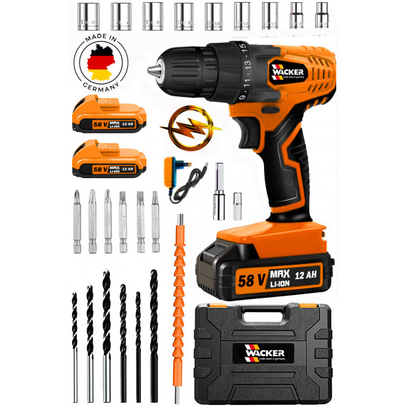 Wacker Pro Germany Orange StarWalt XR Prof 58 V 12 Ah Çelik Şanzuman Çift Akülü Şarjlı Matkap +Tamir Seti ürün görseli 1
