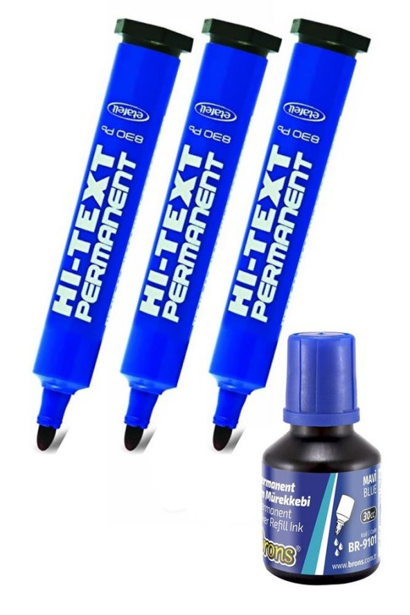 Mavi Yuvarlak Uçlu Markör Permanent Kalem 3 Adet Hı-Text Marker Mürekkep Mavi 30 Ml 1 Adet Brons Koli Kalemi ürün görseli 1