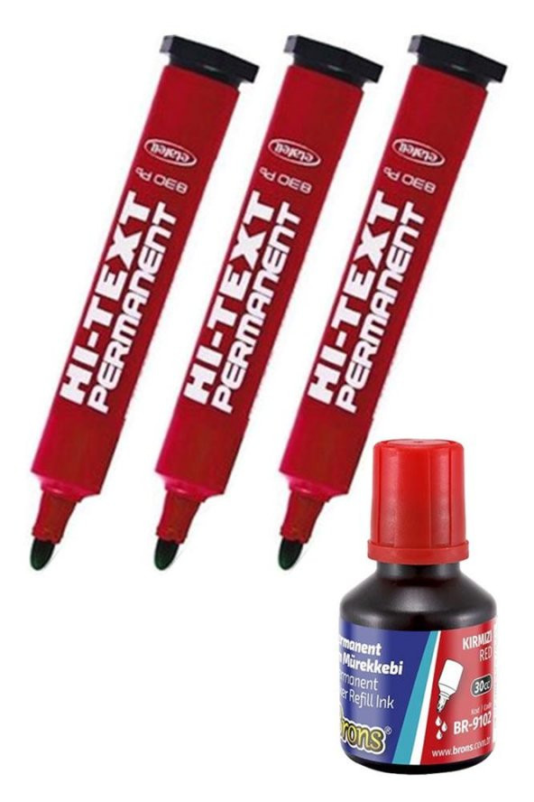 Kırmızı Yuvarlak Uçlu Markör Permanent Kalem 3 Adet Hı-Text Marker Mürekkep Kırmızı 30 Ml 1 Adet Brons Koli Kalemi ürün görseli 1