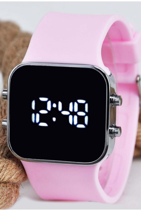 Pembe Silikon Kordonlu Büyük Gümüş Renk Kasa Geniş Kordon Unisex Kadın Kol Saati Su-725 ürün görseli 1