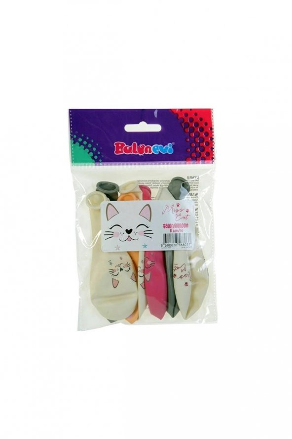 Balonevi Balon 4+1 Miss Cat Kedi Baskılı 12 İnç Karışık Renk Balon (8 Li Paket) ürün görseli 1