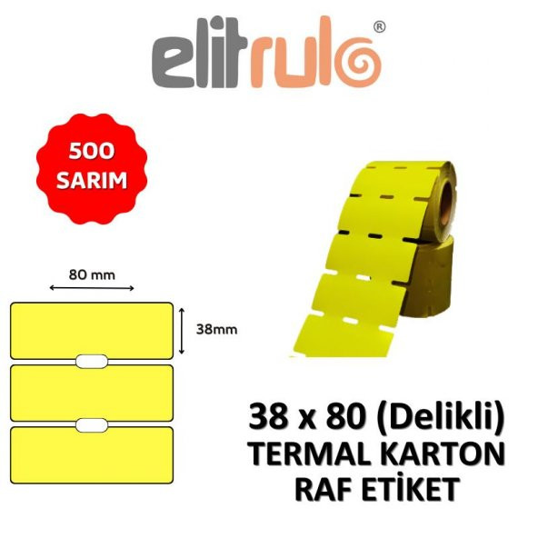 Elitrulo Termal Karton Raf Etiketi 38mm x 80mm DELİKLİ SARI - 500 Adet ürün görseli 1