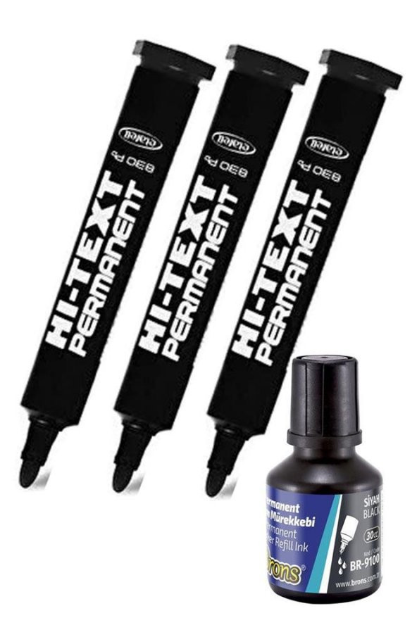 Siyah Yuvarlak Uçlu Markör Permanent Kalem 3 Adet Hı-Text Marker Mürekkep Siyah 30 Ml 1 Adet Brons Koli Kalemi ürün görseli 1