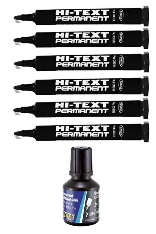 Siyah Yuvarlak Uçlu Markör Permanent Kalem 6 Adet Hı-Text Marker Mürekkep Siyah 30 Ml 1 Adet Brons Koli Kalemi ürün görseli 1