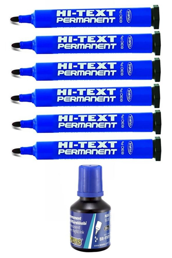 Mavi Yuvarlak Uçlu Markör Permanent Kalem 6 Adet Hı-Text Marker Mürekkep Mavi 30 Ml 1 Adet Brons Koli Kalemi ürün görseli 1