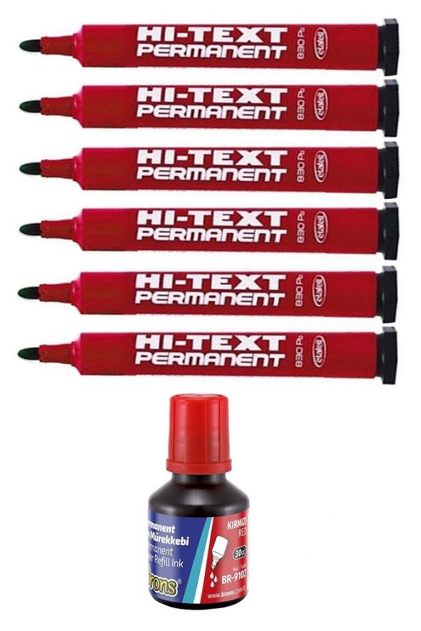 Kırmızı Yuvarlak Uçlu Markör Permanent Kalem 6 Adet Hı-Text Marker Mürekkep Kırmızı 30 Ml 1 Adet Brons Koli Kalemi ürün görseli 1