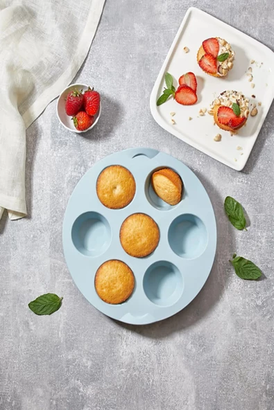 Silikon 7 Gözlü Yuvarlak Muffin Kalıbı - Fırın Kek Kalıbı 3206 ürün görseli 1