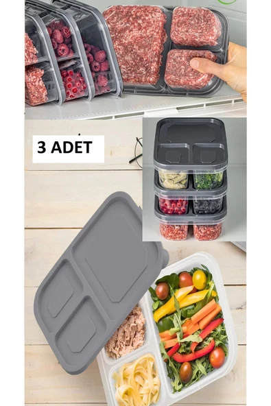 3 Adet Sera 3 Bölmeli Diyet Saklama Kabı Porsiyon Öğünlük Kıyma Sebze Buzluk ürün görseli 1