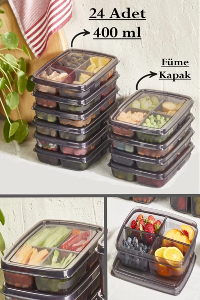Füme 24 Adet 400 ml 4 Bölmeli Saklama Kabı - Et Sebze Kıyma Buzluk Organizeri ürün görseli 1