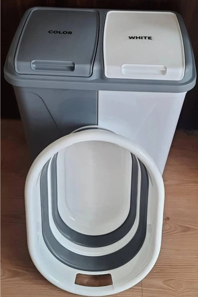 2'li Set Iki Bölmeli 90 Lt Kirli Çamaşır Sepeti Ve Katlanır Çamaşır Sepeti ürün görseli 1