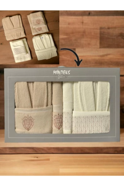 Minteks Silver Bej-Krem 6 Parça Havlulu Bornoz Seti - Aile Banyo Havlu Bornoz Seti ürün görseli 1