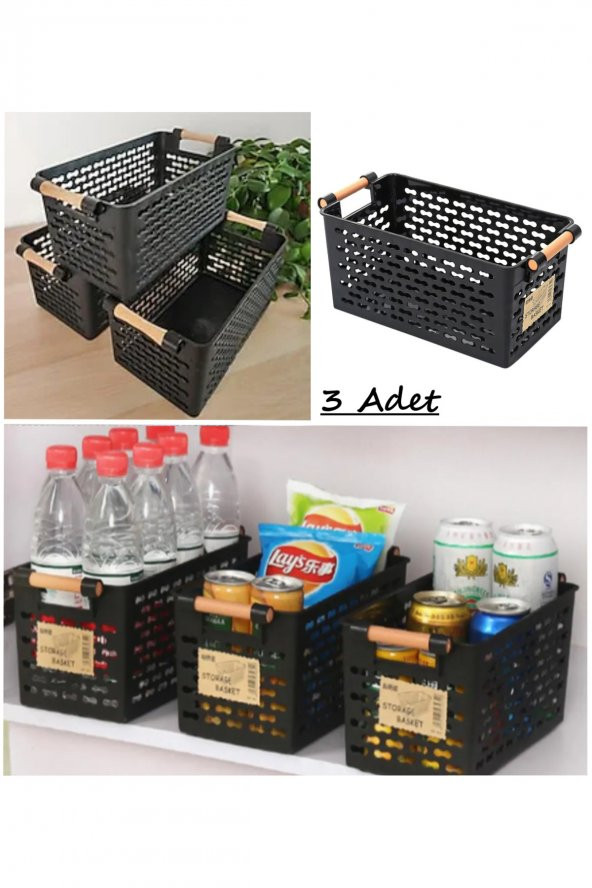3 Adet Siyah Ahşap Renk Plastik Saplı Organizer Sepet Ekmeklik Sebze Meyve Sepeti ürün görseli 1
