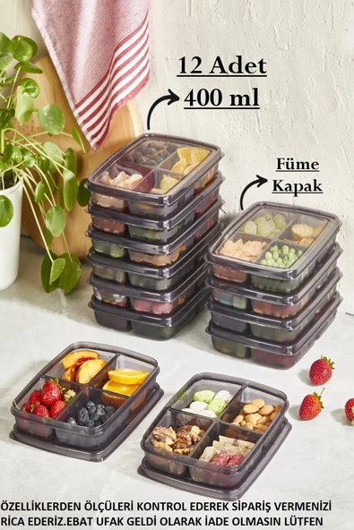 Füme 12 Adet 400 ml Mini Saklama Kabı - 4 Bölmeli Çerezlik Dondurulmuş Et Sebze Buzluk Organizer ürün görseli 1