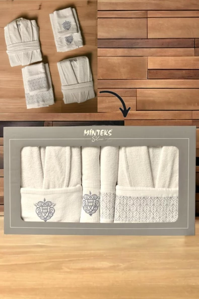 Minteks Silver Krem-Krem 6 Parça Havlulu Bornoz Seti - Aile Banyo Havlu Bornoz Seti ürün görseli 1