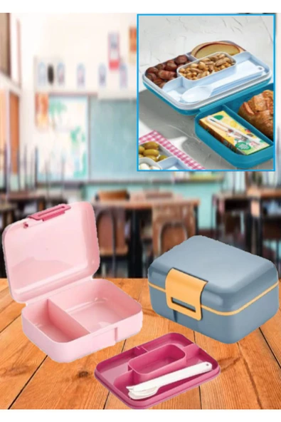 2 Adet (1 MAVİ 1 PEMBE) Katlı Bölmeli Kilitli Beslenme Kutusu Ve Kaşık Seti Çerez Saklama Kabı ürün görseli 1