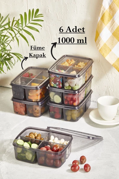 Füme Large 6 Adet Saklama Kabı Seti 4 Bölmeli Et Sebze Kıyma Dondurulmuş Ürün Buzluk Kutusu ürün görseli 1