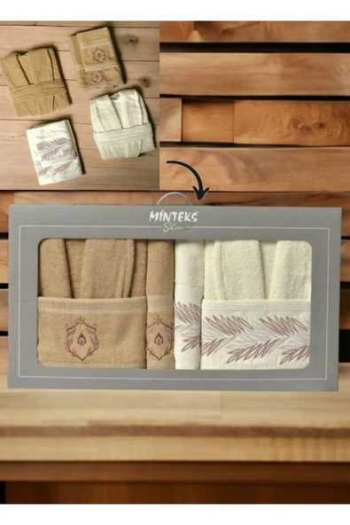 Minteks Silver Krem-Bej 6 Parça Havlulu Bornoz Seti - Aile Banyo Havlu Bornoz Seti ürün görseli 1