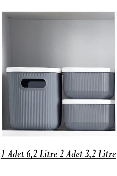 Gri Storage 3 Lü Set 1 Adet 6.2 Lt 2 Adet 3.2 Lt Dolap Düzenleyici Kapaklı Kutu Organizer ürün görseli 1