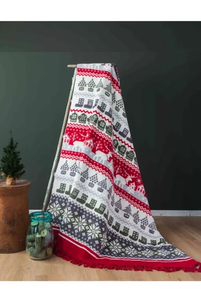 Winter Yeni Yıl Özel Diz Üstü Pamuklu Battaniye 130 X 170 Saçaklı Tv Battaniyesi Kırmızı Yılbaşı ürün görseli 1