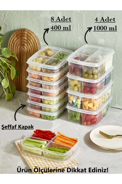 12'li Saklama Seti (8 ADET 400 ML) (4 ADET 1000 ML) 4 Bölmeli Öğünlük Porsiyon Saklama Kabı ürün görseli 1