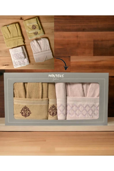 Minteks Silver Bej-Pembe 6 Parça Havlulu Bornoz Seti - Aile Banyo Havlu Bornoz Seti ürün görseli 1