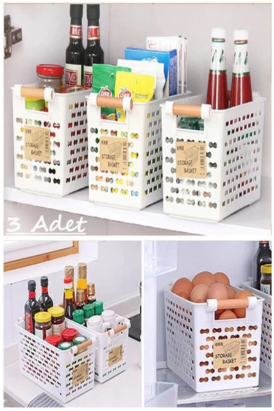 3 Adet Beyaz Ahşap Renk Plastik Saplı Organizer Sepet Ekmeklik Sebze Meyve Sepeti ürün görseli 1