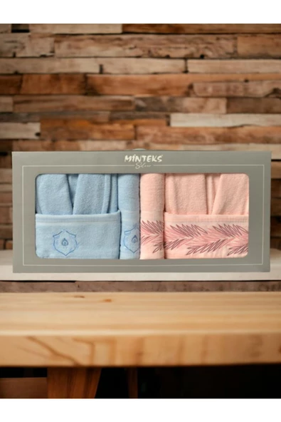 Minteks Silver Mavi-Pembe 6 Parça Havlulu Bornoz Seti - Aile Banyo Havlu Bornoz Seti ürün görseli 1
