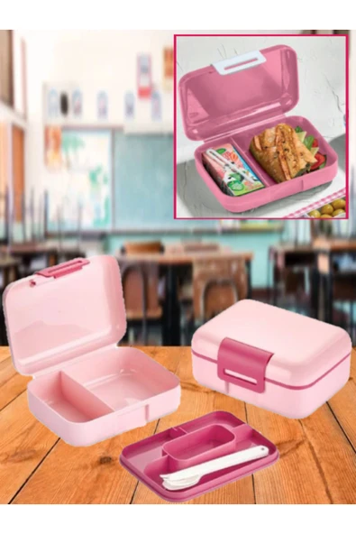 2 Adet Pembe Bölmeli Kilitli Beslenme Kutusu Ve Kaşık Seti Çerez Ekmek Okul Saklama Kabı ürün görseli 1