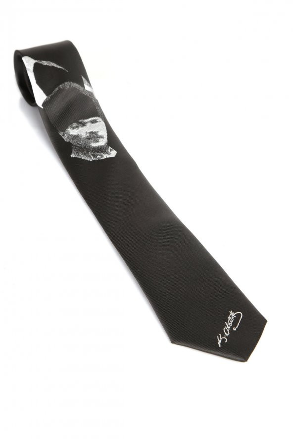 Atatürk ve İmza Desenli Dokuma Siyah Kravat - AK-13 ürün görseli 1