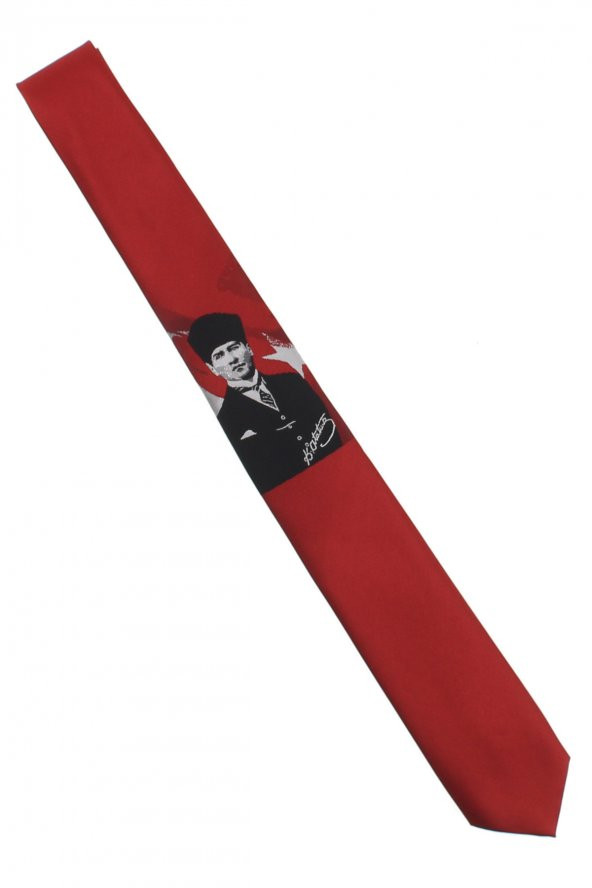 Atatürk ve İmza Desenli Dokuma Kırmızı Kravat - AK-14 ürün görseli 1
