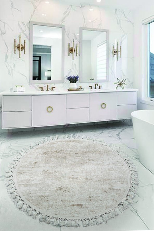 Nova Krem Yuvarlak 160x160 Cm Ponpon Saçaklı Kaymaz Tabanlı Makinede Yıkanabilir Banyo Paspası ürün görseli 1