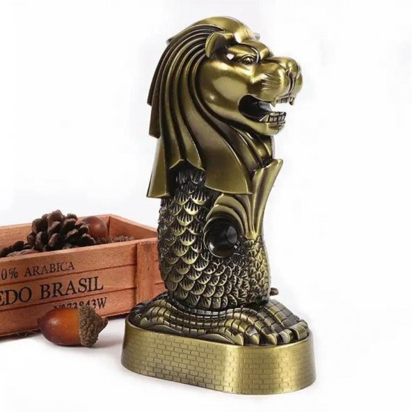 Vintage Metal Singapur Merlion Biblo Antik Bronz 16 cm ürün görseli 1