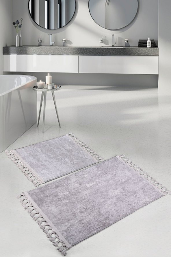 Nova Gri 60x100 + 50x60 cm 2li Köşeli Ponpon Saçaklı Banyo Halısı Kaymaz Yıkanabilir Paspas Seti ürün görseli 1