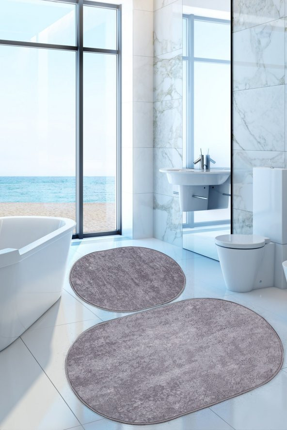 Nova Gri Oval 60x100 + 50x60 cm 2li Banyo Paspası Seti Kaymaz Tabanlı Yıkanabilir Klozet Takımı ürün görseli 1