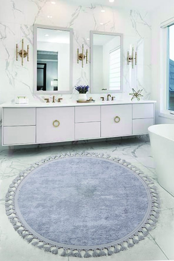 Nova Gri Yuvarlak 100x100 Cm Ponpon Saçaklı Kaymaz Tabanlı Makinede Yıkanabilir Banyo Paspası ürün görseli 1