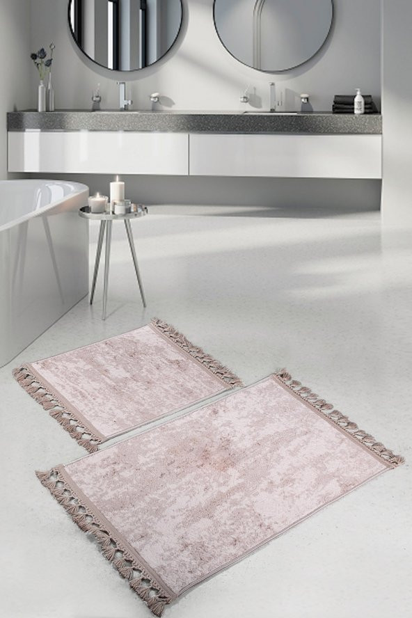 Nova Vizon 60x100 + 50x60 cm 2li Köşeli Ponpon Saçaklı Banyo Halısı Kaymaz Yıkanabilir Paspas Seti ürün görseli 1