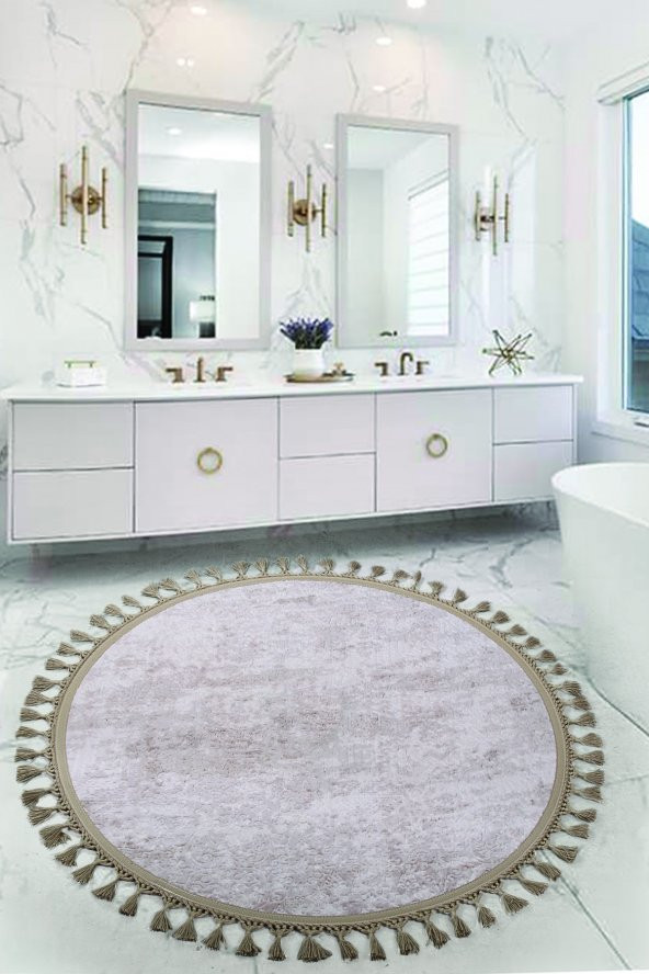 Nova Vizon Yuvarlak 160x160 Cm Ponpon Saçaklı Kaymaz Tabanlı Makinede Yıkanabilir Banyo Paspası ürün görseli 1