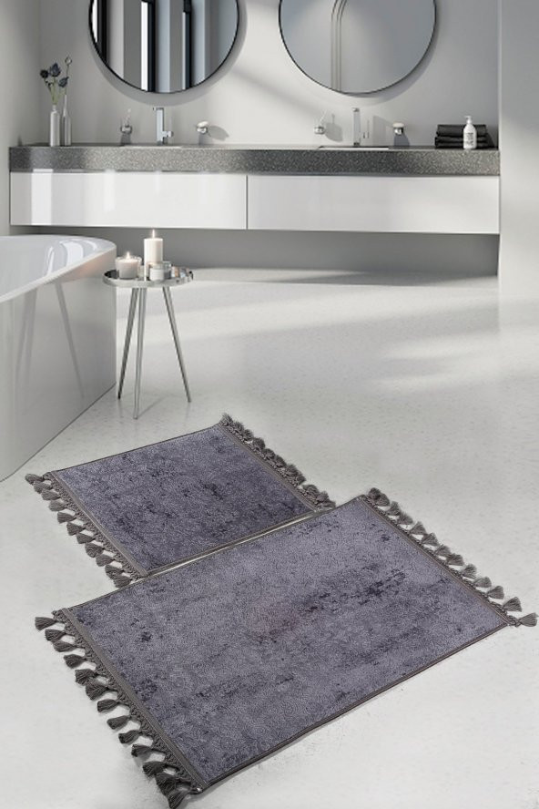 Nova Antrasit 60x100 + 50x60 cm 2li Köşeli Ponpon Saçaklı Banyo Halısı Paspası Seti ürün görseli 1